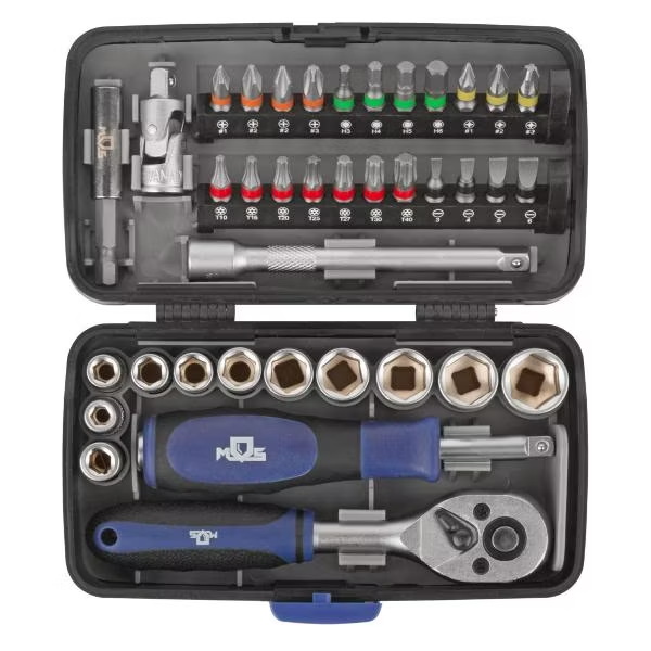 Мини-набор инструмента (биты, головки, вороток, удлинитель), 38 шт., пластиковый кейс
