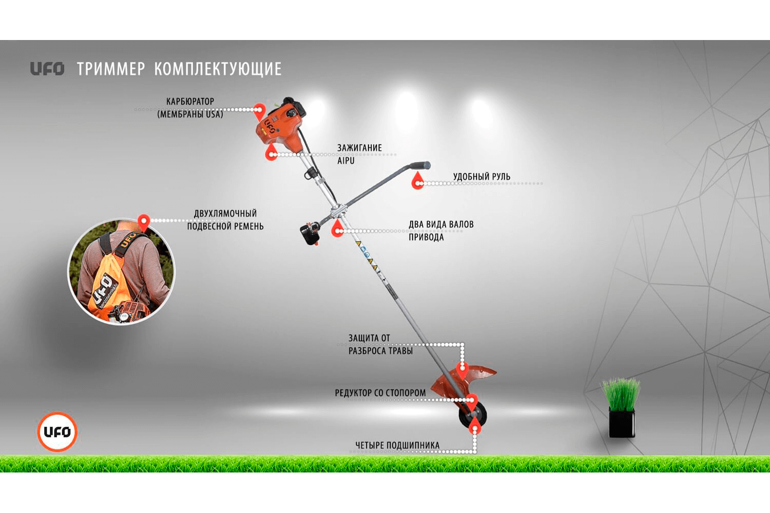 Бензотриммер UFO TR 150Me 1,05кВт, 1,4л.с., дв. 25см³, нож/леска 2,4мм, неразб.штанга, ранец