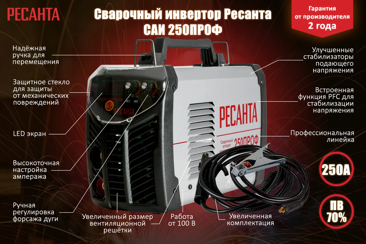 РЕСАНТА Сварочный аппарат инверторный  САИ-250 ПРОФ, 220В, 35А, электроды 1-6мм