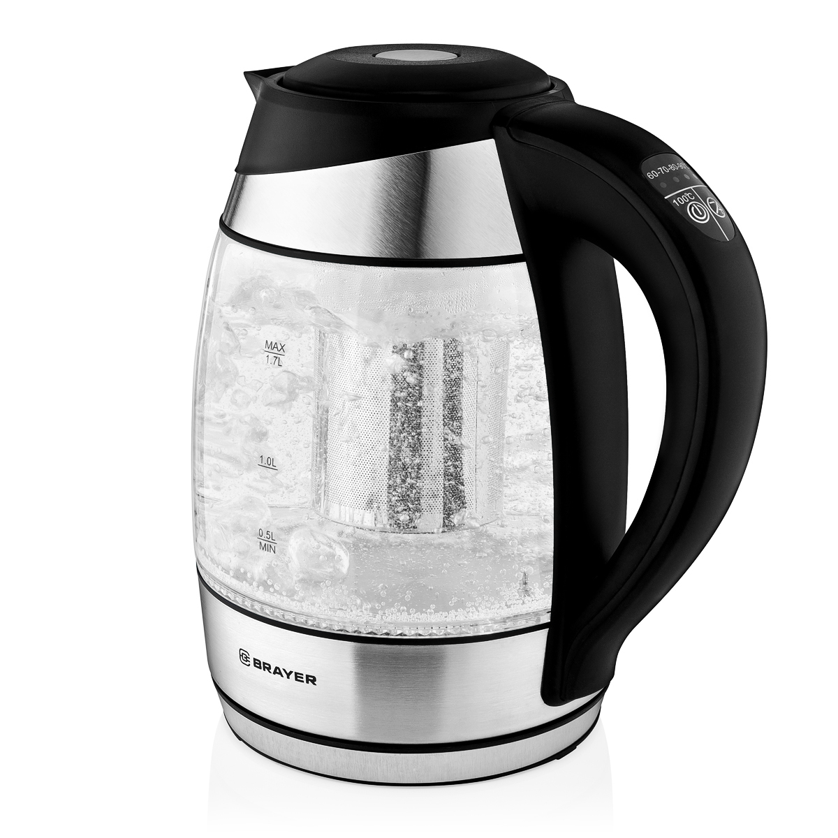 1021BR Чайник электрический BRAYER. 2200Вт.1,7 л, стекло, эл.уп, 60-100 °С, Под. t, подсветка, черн.