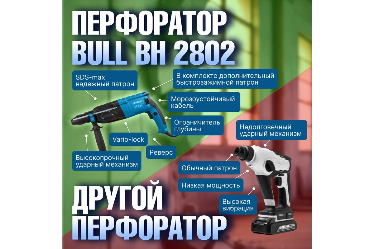 Перфоратор BULL BH 2802 в чем. 850 Вт, 3.2 Дж, 28 мм, 4 реж. + 2 зубила, 3 сверла, БЗП в комплекте