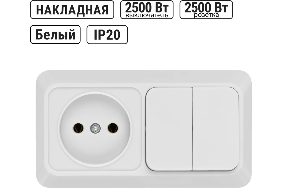 Блок комбинированный выкл. 2-кл. 10А + розетка 2П 10А 250В БКВР IP20 белый "Ладога" TDM*