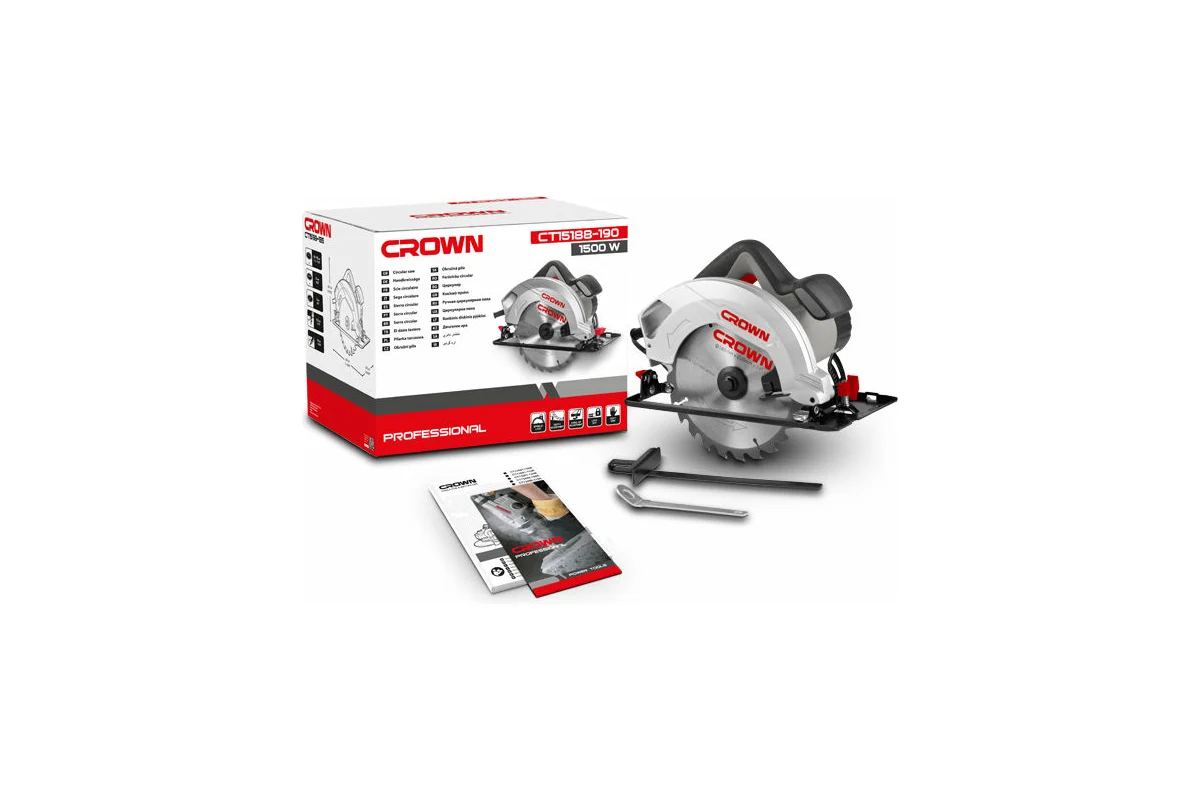 Дисковая пила CROWN CT15188-190,1,5кВт,пропил 66мм, диск 190х20мм, 5500об/мин