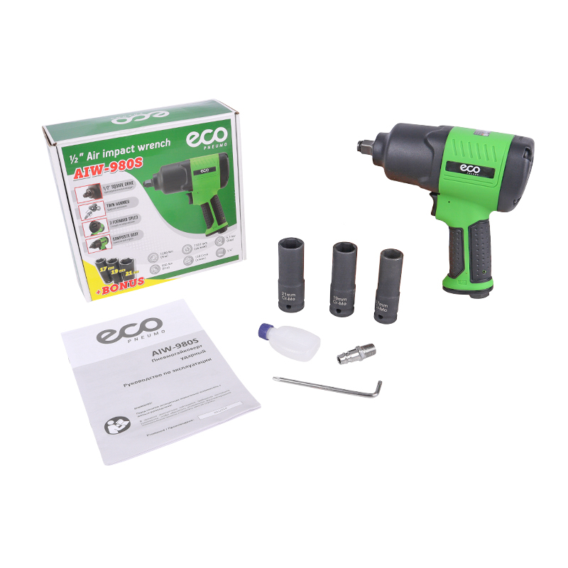 Пневмогайковерт 1/2" ECO AIW-980S (950/1200 Нм (закр./откр.); 3 ступени крут.мом.; twin hammer