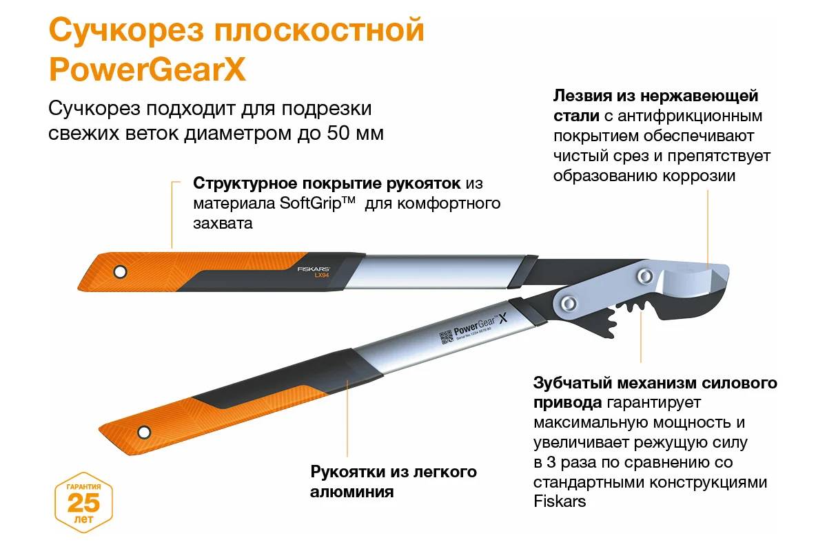 Сучкорез плоскостной LX94 FISKARS PowerGear X средний
