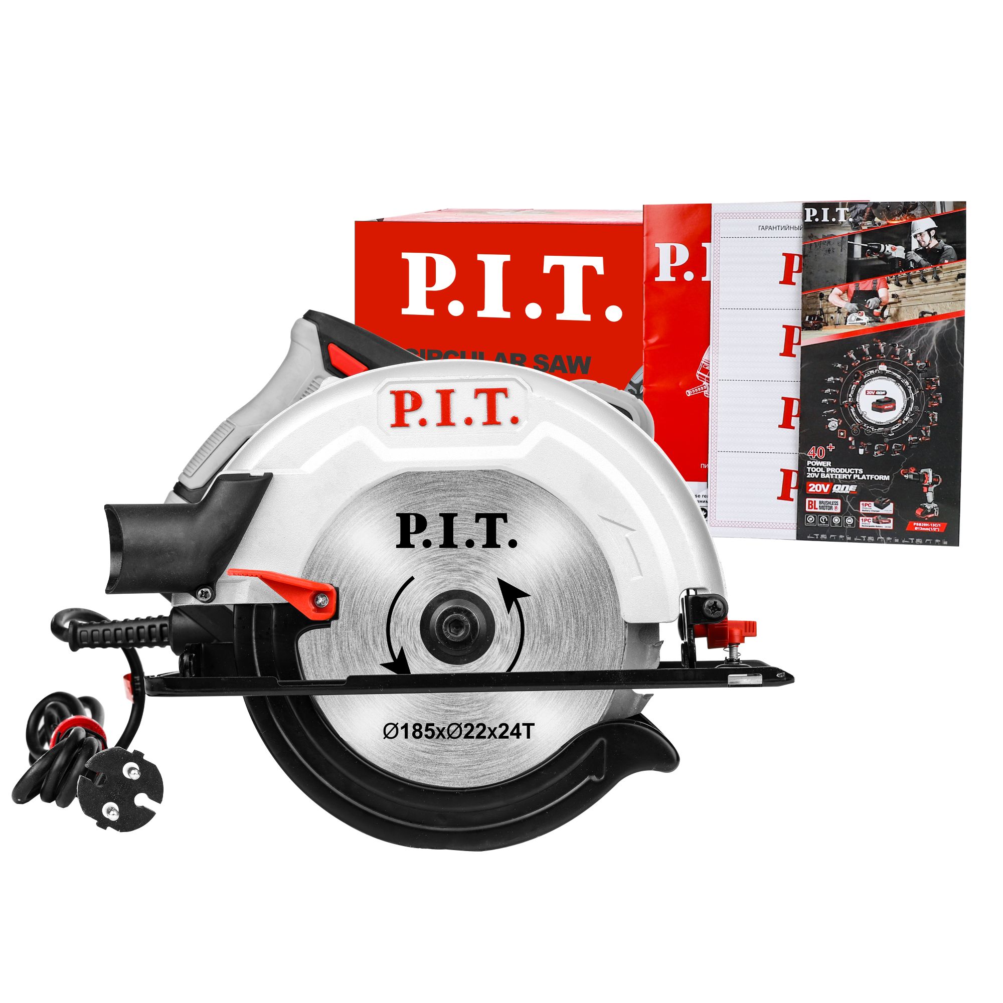 Пила циркулярная электрич. P.I.T. PKS185-C3 1400Вт, 5500об/мин, диск 185х20мм, пропил 42/60мм, 45°