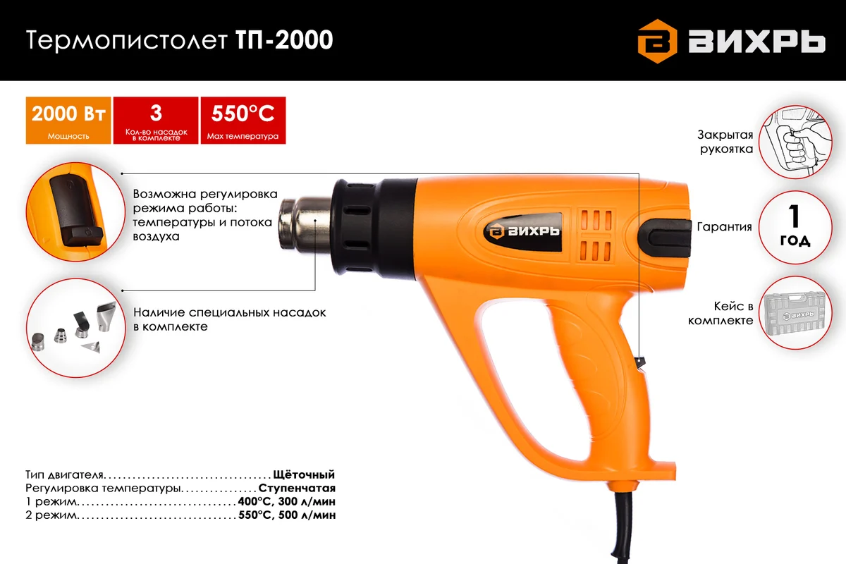 ВИХРЬ ТП-2000  Фен технический, 2 кВт, 350/550 С, 2х-реж.,0,75 кг