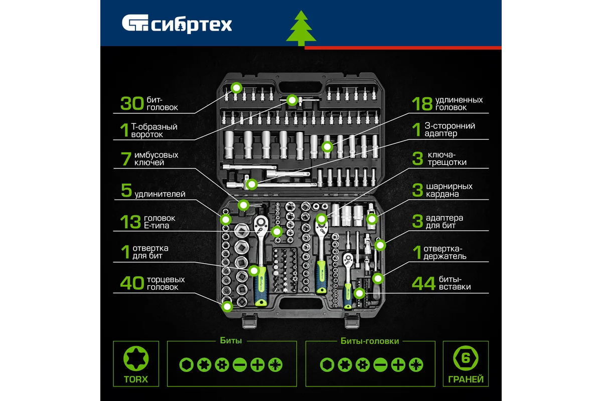 Набор инструментов, 1/2", 3/8", 1/4", пластиковый кейс 172 предм.// Сибртех