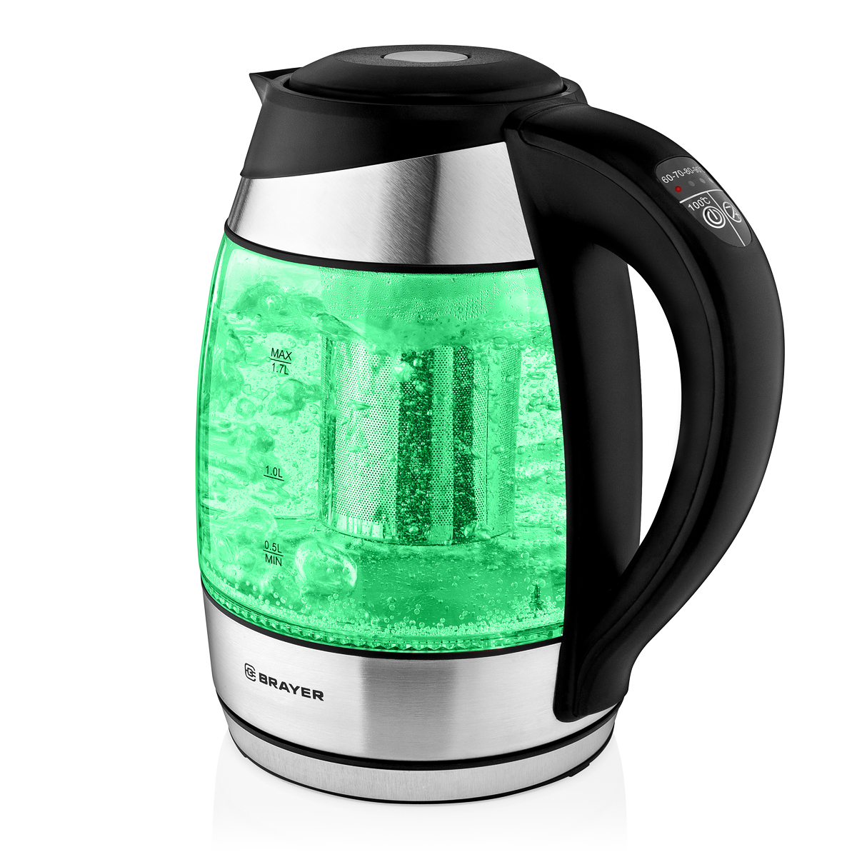 1021BR Чайник электрический BRAYER. 2200Вт.1,7 л, стекло, эл.уп, 60-100 °С, Под. t, подсветка, черн.