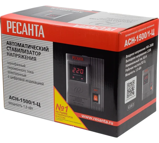 РЕСАНТА LUX АСН-1500/1-Ц Стабилизатор напряжения, 1ф ном.мощн.1,5кВт, вход.напряж.140-260В,1розетк