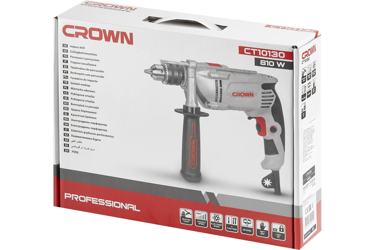 Дрель ударная CROWN CT10130 810Вт, 0-2800 об/мин, клп до 13мм, вес 2,1 кг