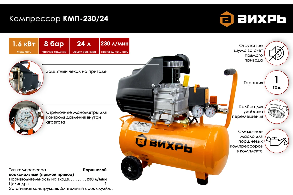 Компрессор Вихрь КМП-230/24, 220В, 230л/мин,1,6кВт масляный