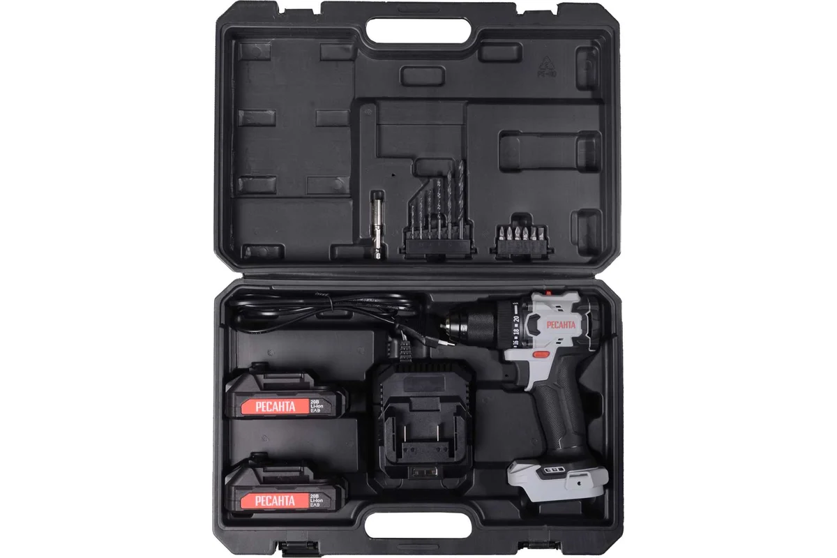 Дрель-шуруповерт аккумуляторная ДА-20-2ЛК-БП (2,0 А/ч) (бесщеточный двигатель, 70Нм) Ресанта