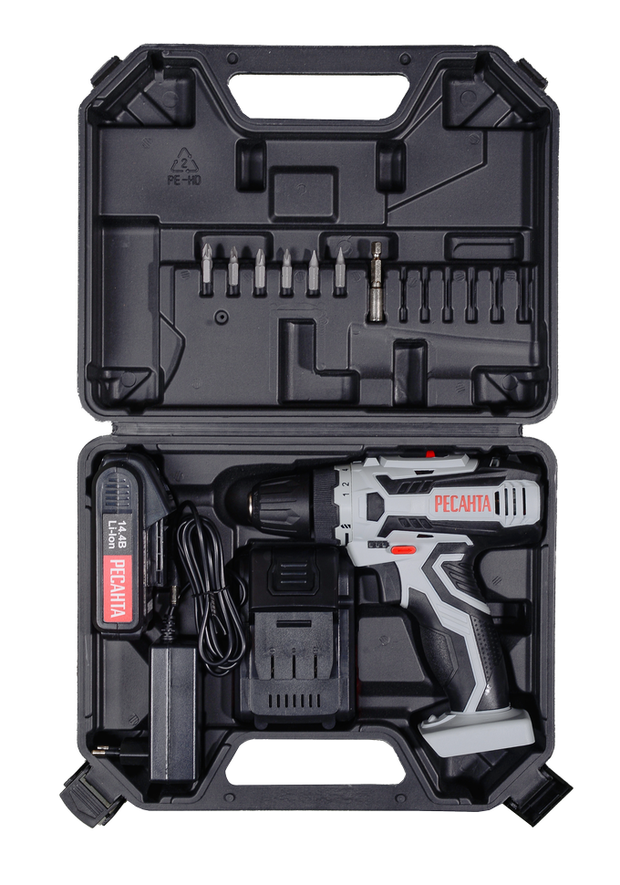 Дрель-шуруповерт аккумуляторная ДА-14-2ЛК Ресанта, 14.4В 2х2,0 Ач Li-ion, 50Нм, БЗП