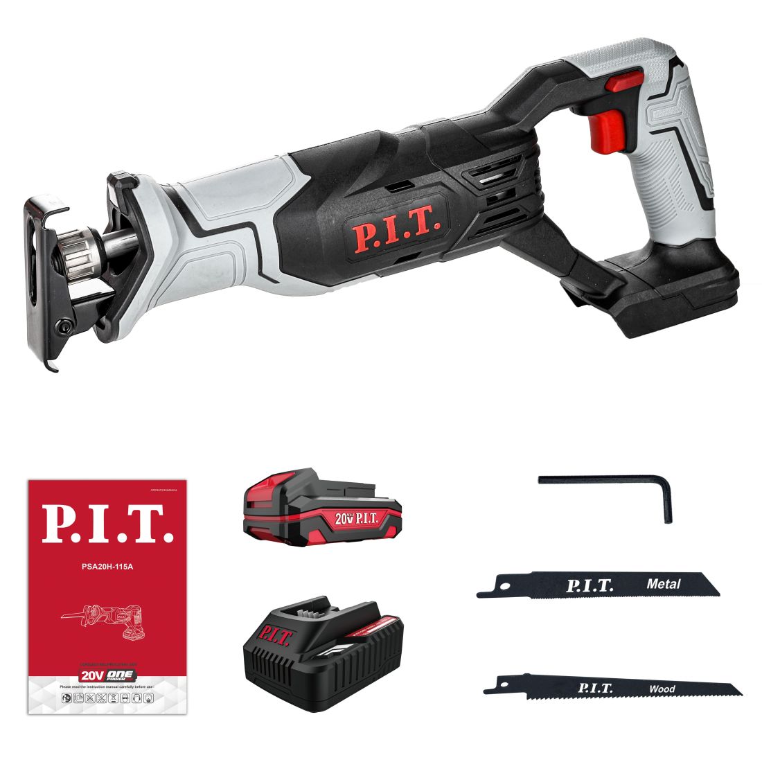Пила сабельная аккум. P.I.T. PSA20H-115A/1 (20В, 0-2700ход/м, БЗП, 115мм, ход 22мм, 1акб 2Ач, ЗУ)