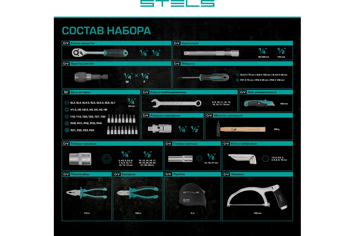 Набор инструмента 1/2", 1/4",  98 пр., пластиковый кейс// STELS