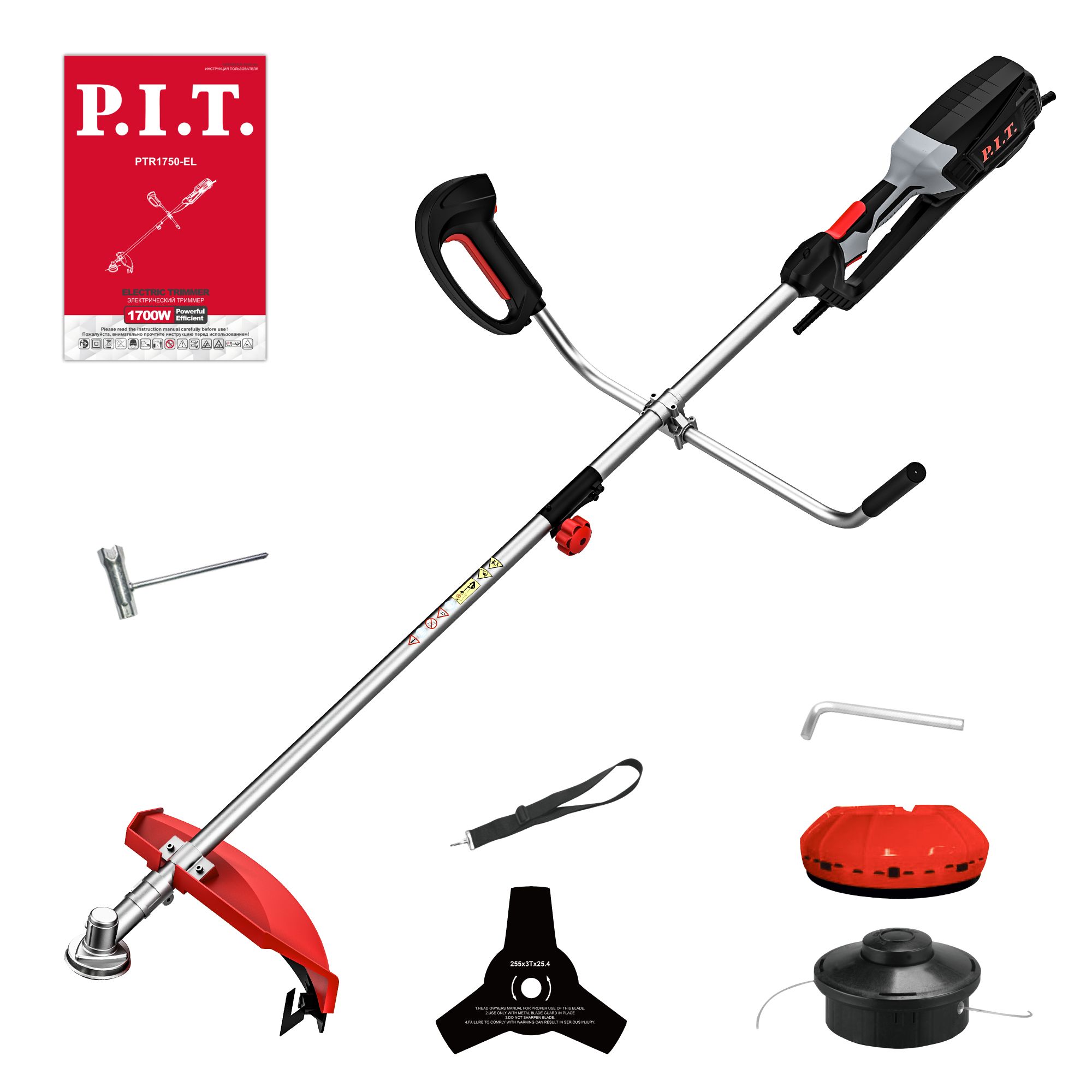 Триммер электрич. P.I.T. PTR1750-EL (1700Вт, 6800об/мин, Ø420мм, ремень, разъемн. штанга, нож+леска)