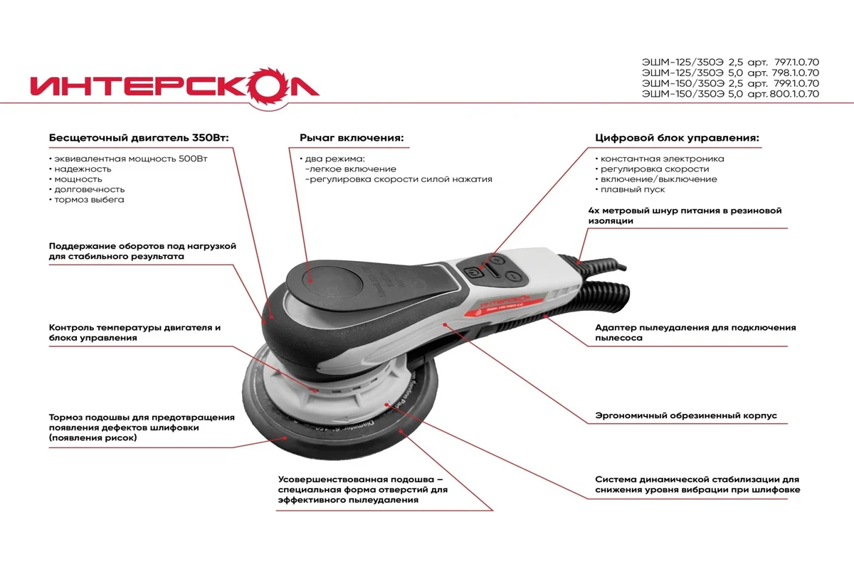 ЭШМ-125/350Э 2,5 ИНТЕРСКОЛ бесщеточная эксцентриковая шлифмашина,350 Вт,4000-10000 об/мин,ф 125мм