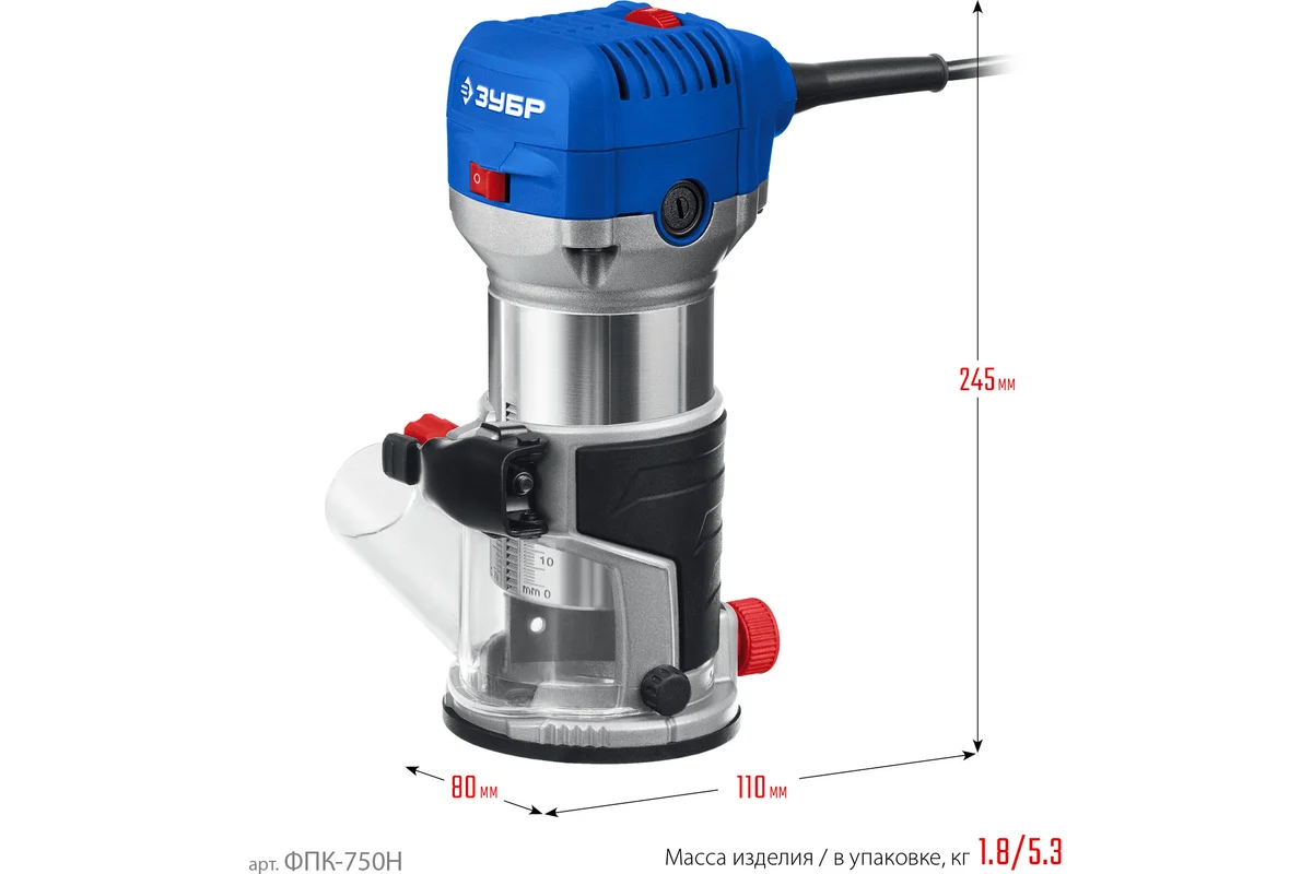 ЗУБР Фрезер кромочный ФПК-750Н,750Вт, 13000-33000 об\мин, цанга-6/8мм, 3 основания, сумка, 1,8кг