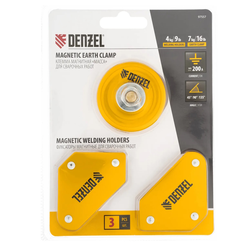Набор из 2 магнитных сварочных фиксаторов и магнитной клеммы "масса"// Denzel