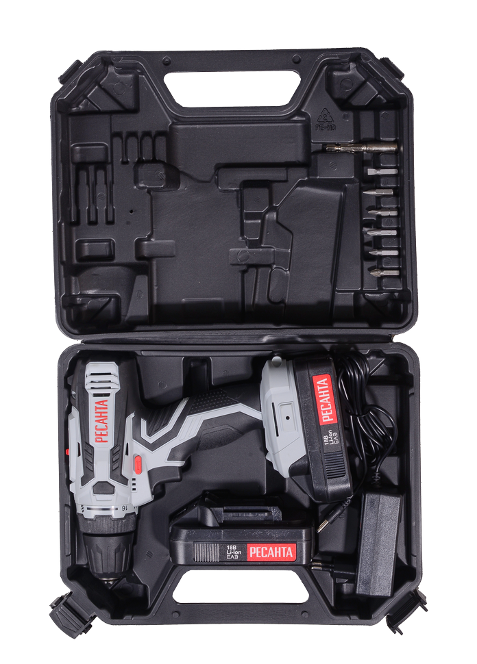 Дрель-шуруповерт аккумуляторная ДА-18-2ЛК Ресанта, 18В 2х2,0 Ач Li-ion, 50Нм, БЗП