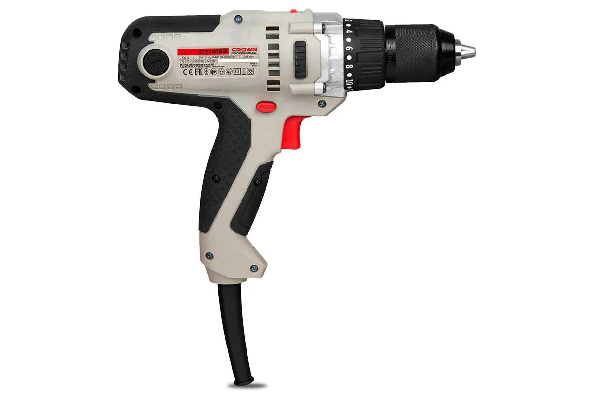 Шуруповерт сетевой CROWN CT10152, 420 Вт, 0-480/0-1800 об/мин, БЗП 10 мм, 80 Нм