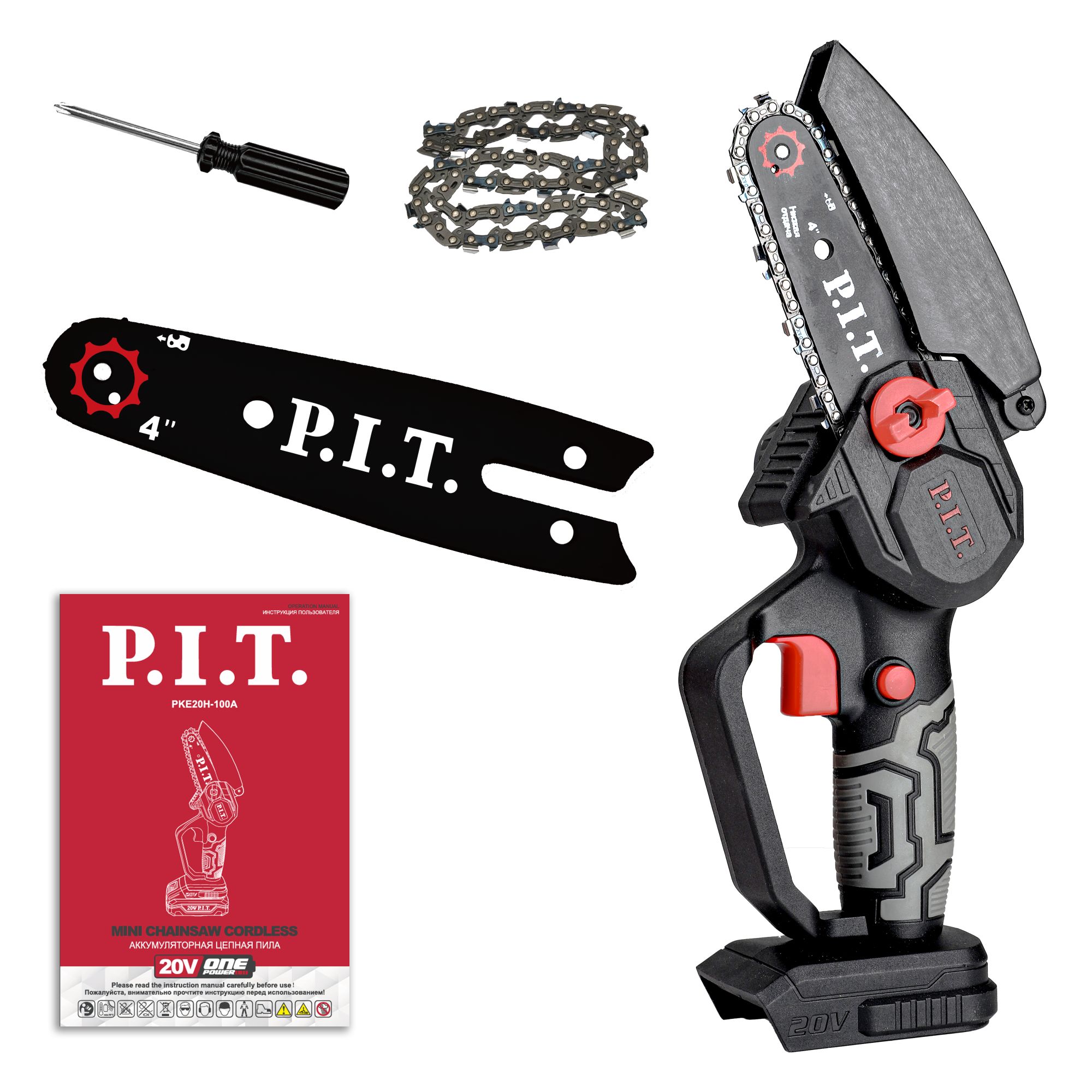 Пила цепная аккум. мини P.I.T. PKE20H-100A SOLO (20В, шина 4"/100мм, 3500об/мин, ск. цепи 4.8 м/с)