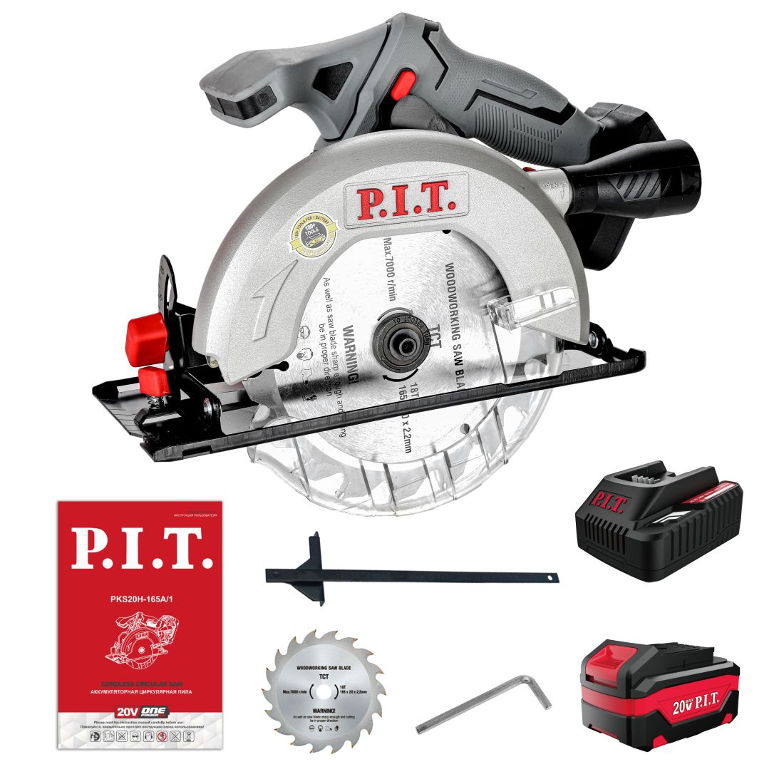 Пила циркулярная аккум. P.I.T. PKS20H-165A/1 (20В, диск 165мм, пропил 52мм, 4300об/мин, 1акб4Ач, ЗУ)