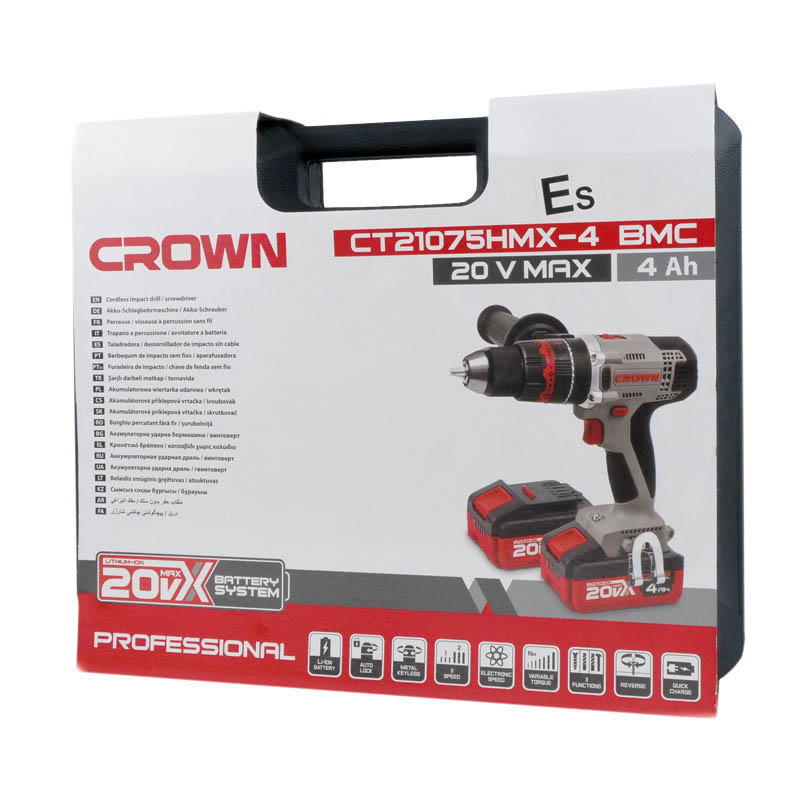 Аккум. ударн. шуруп. CROWN CT21075HMX-4 BMC, 20В,2х4,0Ач,0-400/0-1500об/мин,БЗП 13мм,45/55Нм,1,88кг