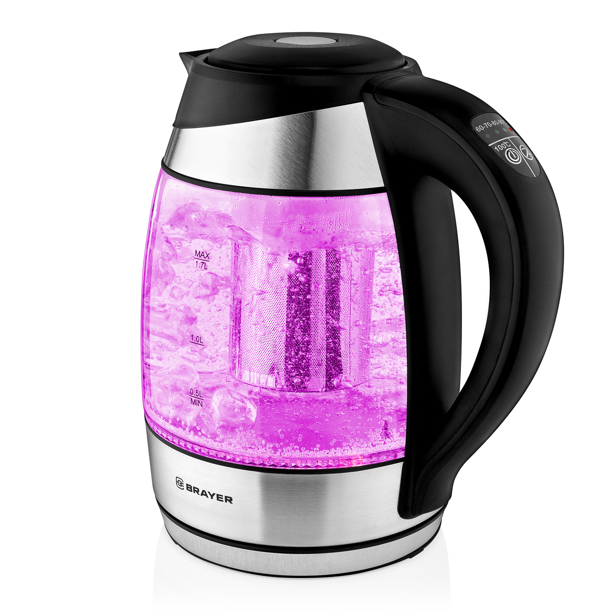 1021BR Чайник электрический BRAYER. 2200Вт.1,7 л, стекло, эл.уп, 60-100 °С, Под. t, подсветка, черн.