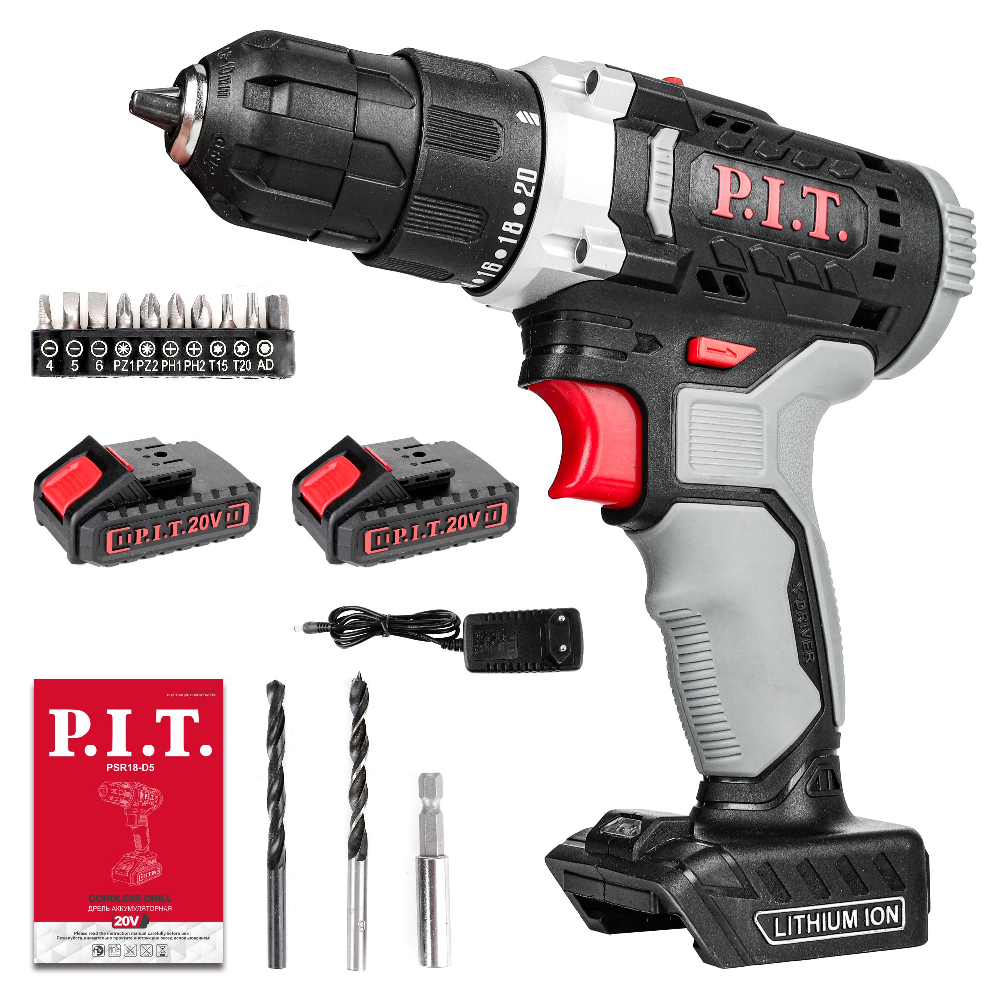 Дрель аккум. P.I.T. PSR18-D5 (20В, 30Нм, 2ск, 0-350/1350, БЗП 10мм, 2 акб 1,5Ач, ЗУ, кейс)