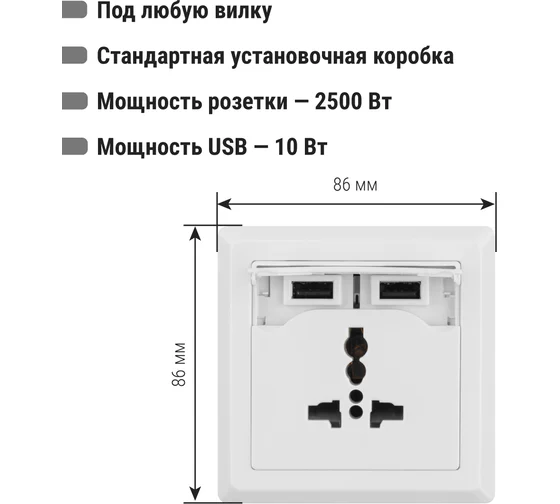 Блок мультифункциональный "Сенеж 1" 2П 10А 250В + 2 USВ-порта для зарядки 5В 2,1А белый TDM*