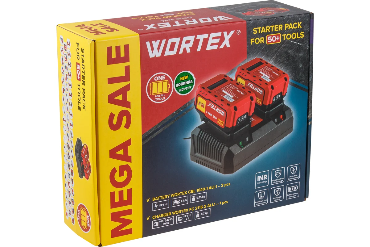 Набор аккумулятор 2х4 А*ч и зарядное устройство 2х2 А WORTEX ALL1 XLT в кор. SET