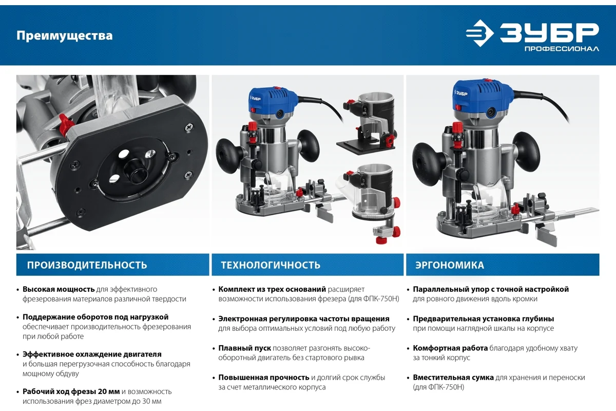 ЗУБР Фрезер кромочный ФПК-750Н,750Вт, 13000-33000 об\мин, цанга-6/8мм, 3 основания, сумка, 1,8кг
