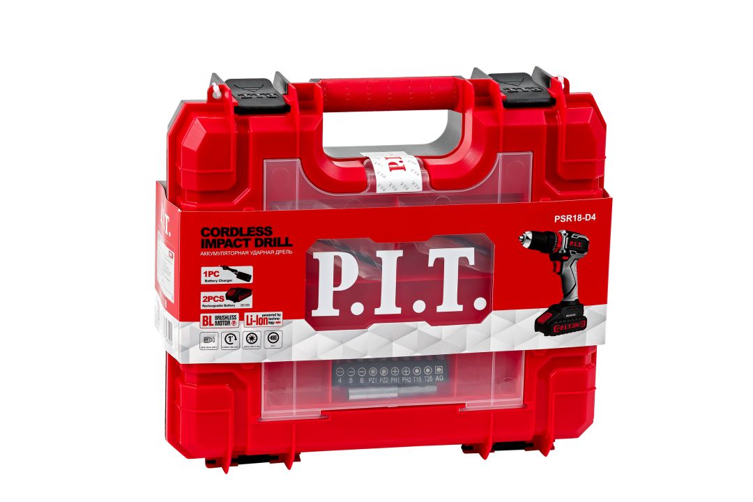 Дрель ударная аккум. бесщёточная P.I.T. PSR18-D4 (20В, 40Нм, 2ск, БЗП 10мм, 2 акб 1,5Ач, ЗУ, кейс)