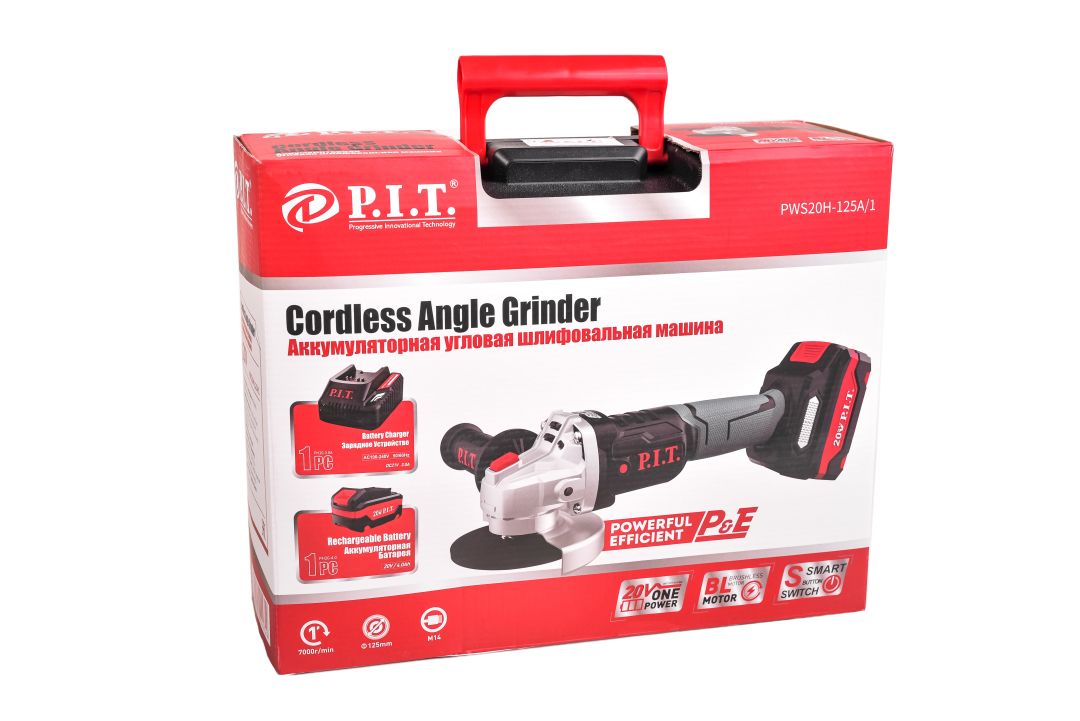 Шлифмашина угловая аккум. бесщёточная P.I.T. PWS20H-125A/1 (20В, 125мм, 7000об/мин, 1 акб, ЗУ, кейс)