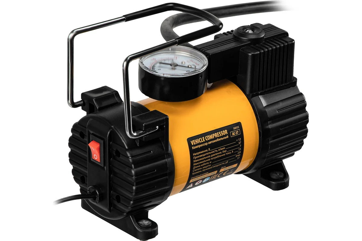 Компрессор автомобильный AC-37, 12 В, 7 атм., 37 л/мин, автомоб. предохранитель// Denzel
