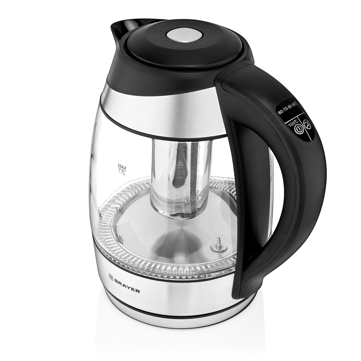 1021BR Чайник электрический BRAYER. 2200Вт.1,7 л, стекло, эл.уп, 60-100 °С, Под. t, подсветка, черн.
