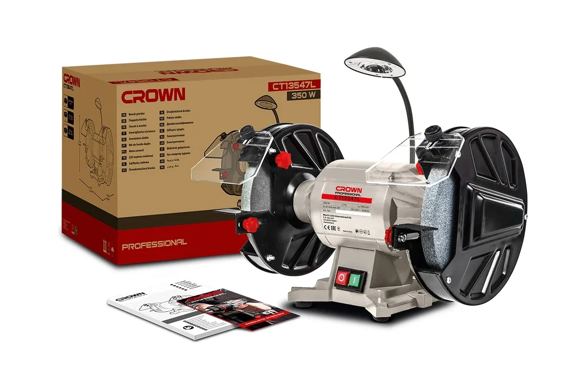 Точильный станок CROWN CT13547L, 350 Вт, 2840 об/мин,  круг 200х32/12,7 мм, 12 кг