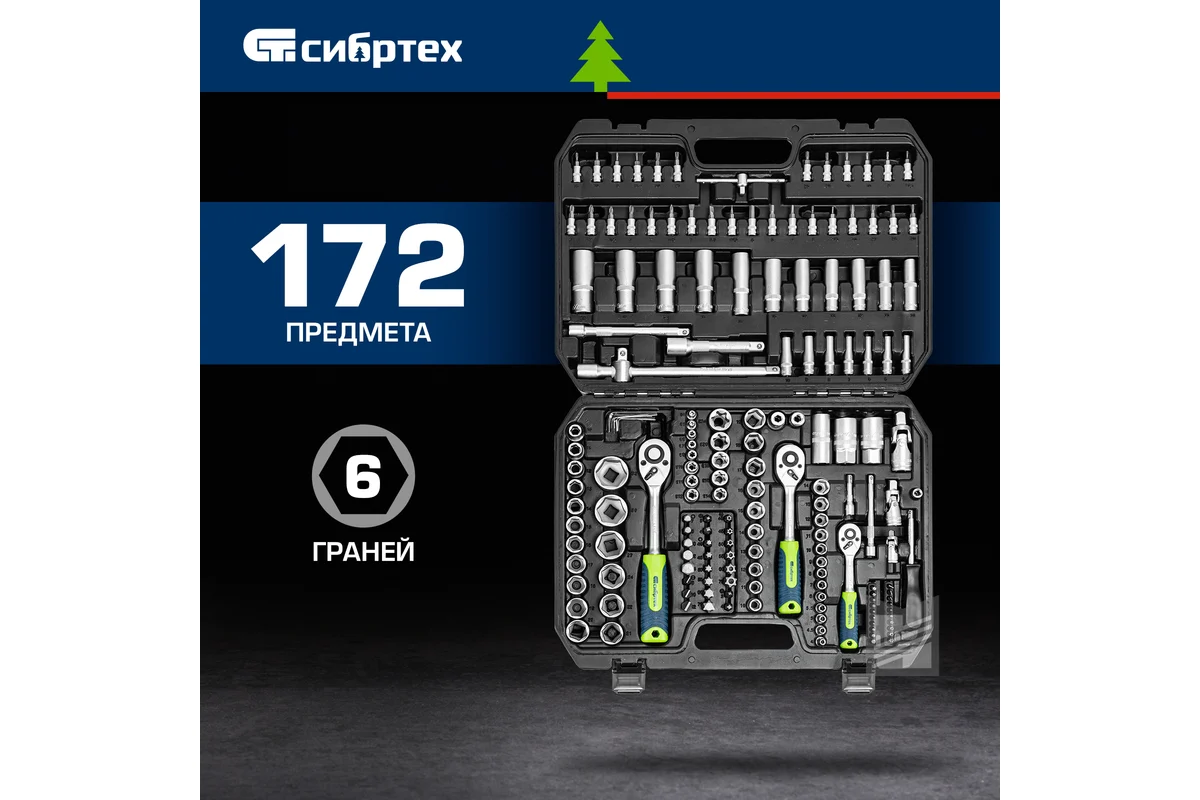 Набор инструментов, 1/2", 3/8", 1/4", пластиковый кейс 172 предм.// Сибртех