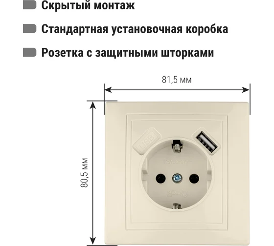Розетка двойная 2П 16А  + USB 2.1A 5B сл. кость (земля, шторки, керам. осн.) "Таймыр" TDM*