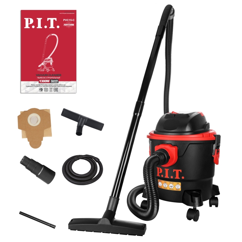 Пылесос строительный электрич. P.I.T. PVC15-C (1300Вт, шланг3м, бак15л, сухая/влажная уборка,фильтр)