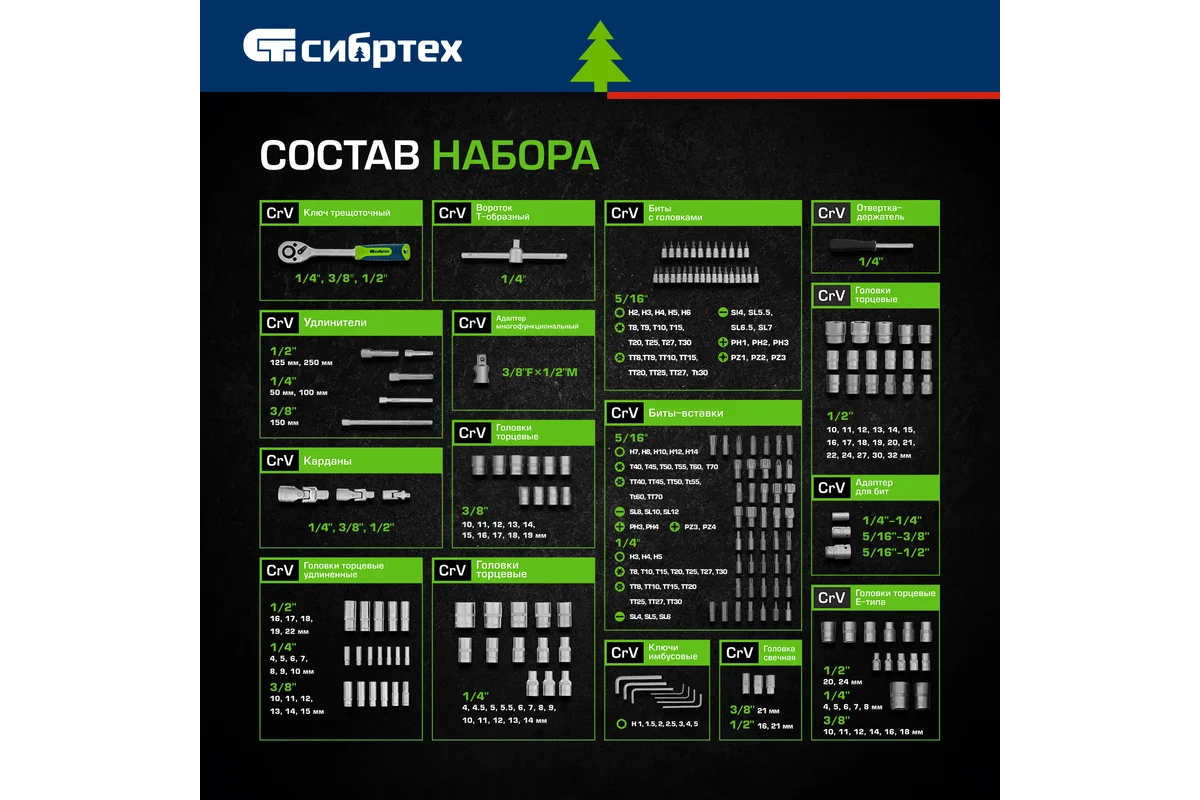 Набор инструментов, 1/2", 3/8", 1/4", пластиковый кейс 172 предм.// Сибртех