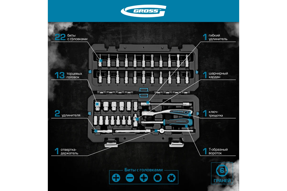 Набор инструментов, 1/4", CrV, 120 зубьев, 42 предмета// Gross