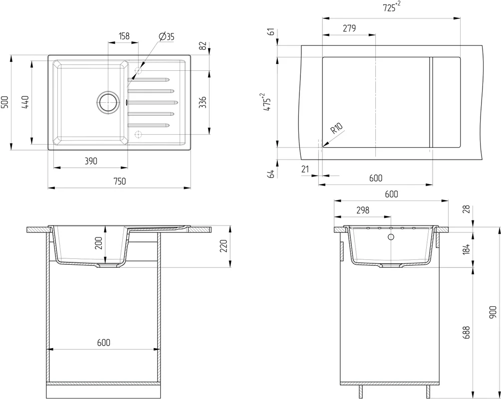 Мойка U-400 ULGRAN 75-49 (309 темно-серый)