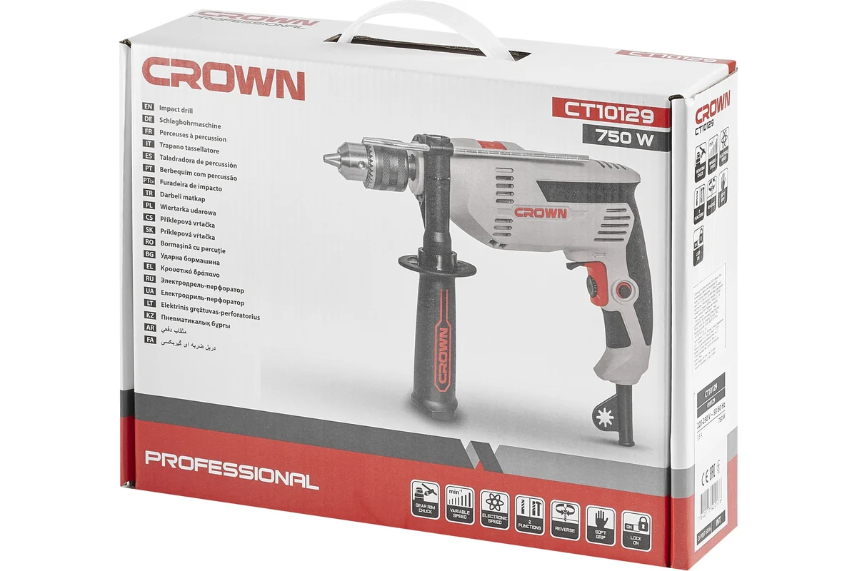 Дрель ударная CROWN CT10129 750Вт, 0-2800 об/мин, клп-13 мм, 0-44800 уд/мин, 1,9 кг