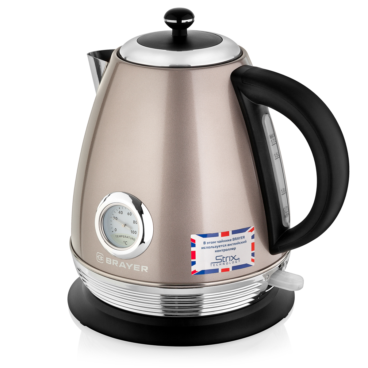 1007BR Чайник электрический  BRAYER, 2200 Вт, 1,7 л, Strix, автоотключ, нержав.сталь, встроен.термом