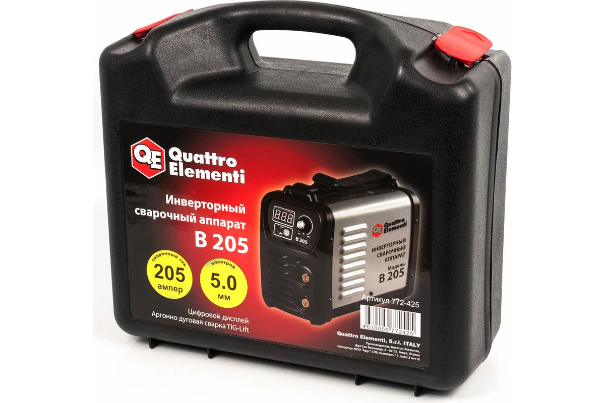 Аппарат электродной сварки, инвертор QUATTRO ELEMENTI B 205 (205 А, ПВ 80%, до 5.0 мм, 5.3 кг, Диспл