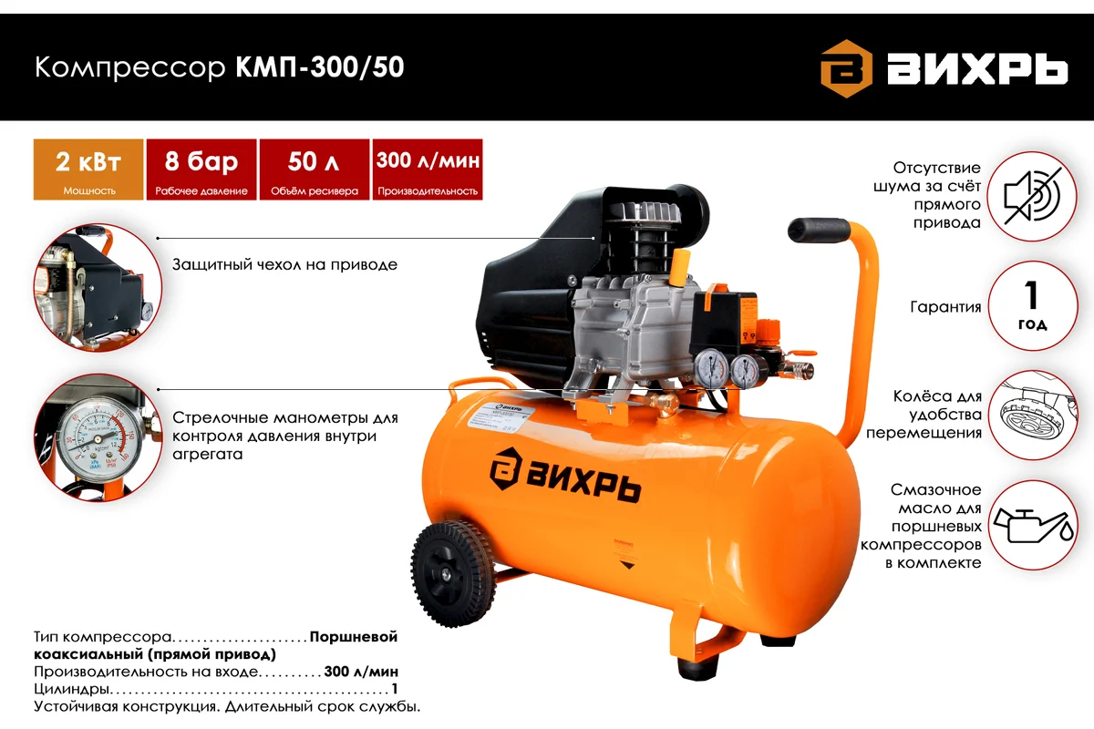 Компрессор Вихрь КМП-300/50, 220В, 300л/мин,2,0кВт масляный,ресивер 50л