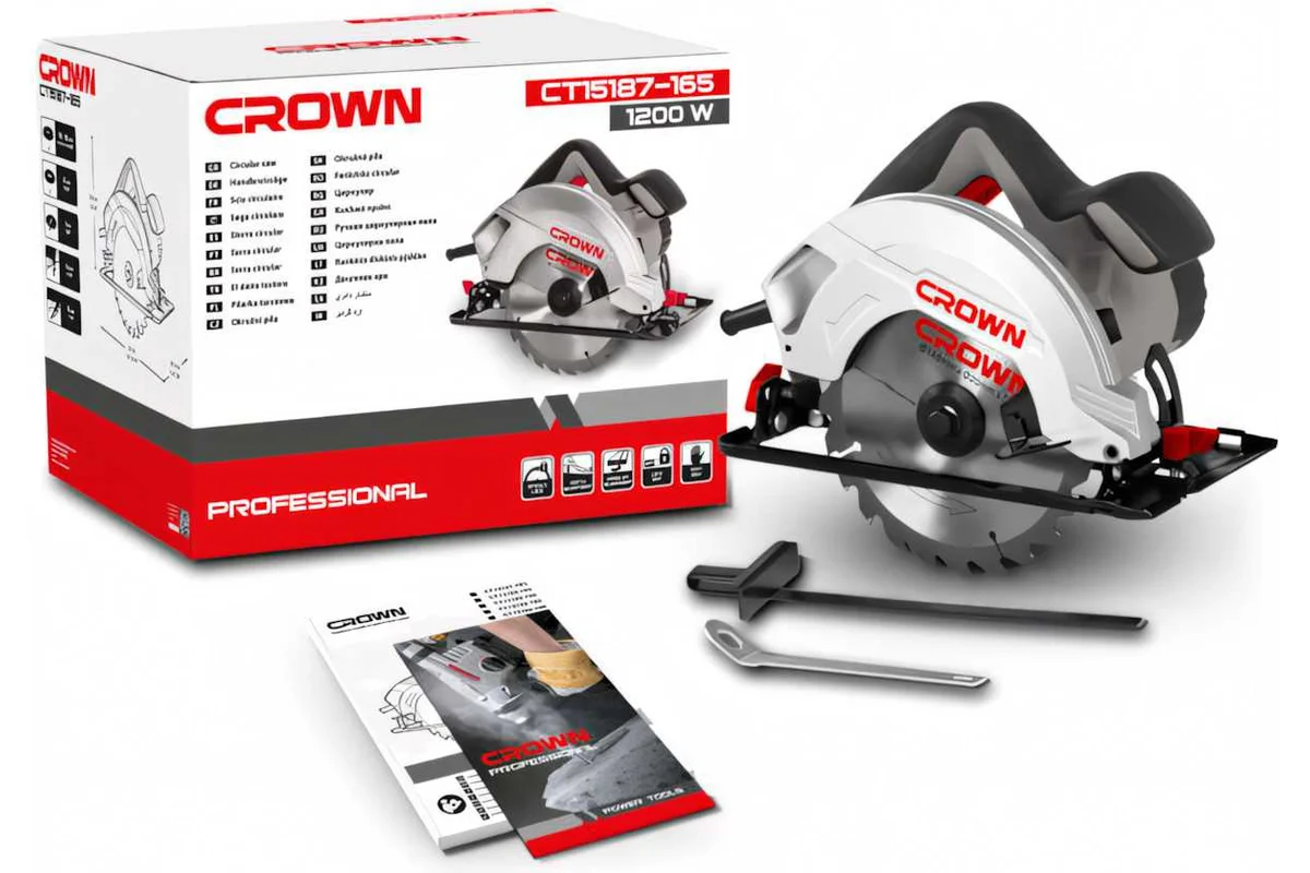 Дисковая пила CROWN CT15187-165, 1,2кВт, диск Ø165х20мм, пропил 90° 54мм/45° 38мм,3,9кг